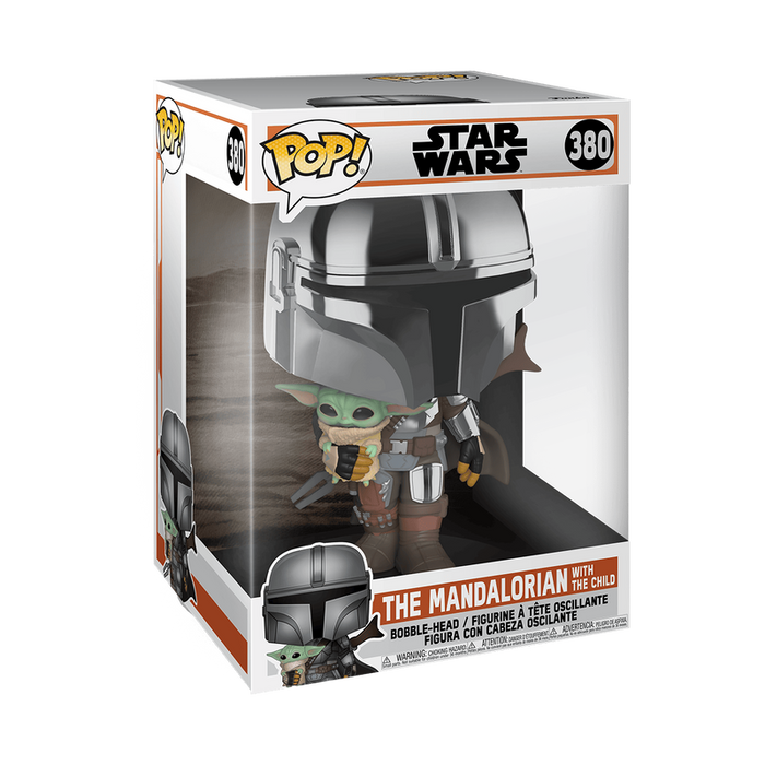 Funko POP Deluxe Figure - Star Wars; The Mandalorian - 10" Chrome Mandalorian with Child (Grougu) 