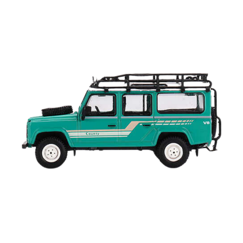 Mini GT 1/64 Land Rover Defender 110 1985 County Station Wagon Trident Green