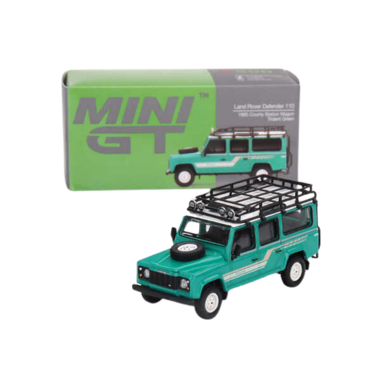 Mini GT 1/64 Land Rover Defender 110 1985 County Station Wagon Trident Green