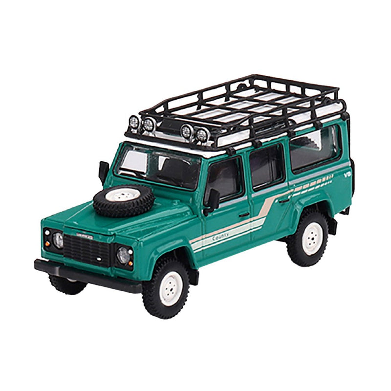 Mini GT 1/64 Land Rover Defender 110 1985 County Station Wagon Trident Green