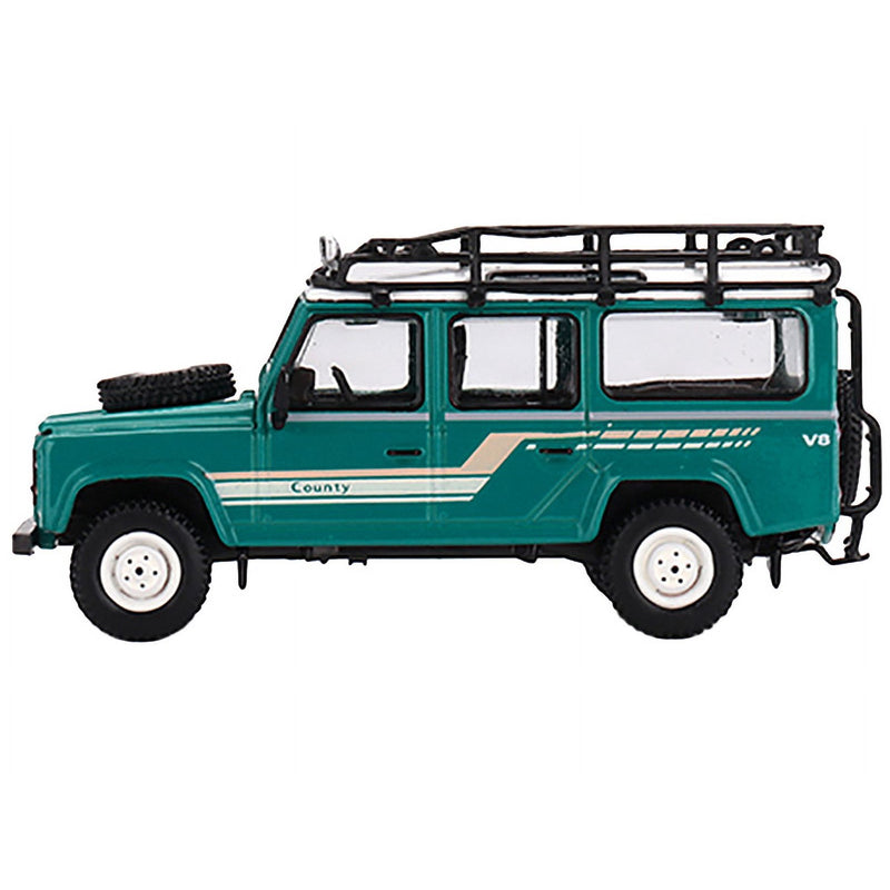 Mini GT 1/64 Land Rover Defender 110 1985 County Station Wagon Trident Green